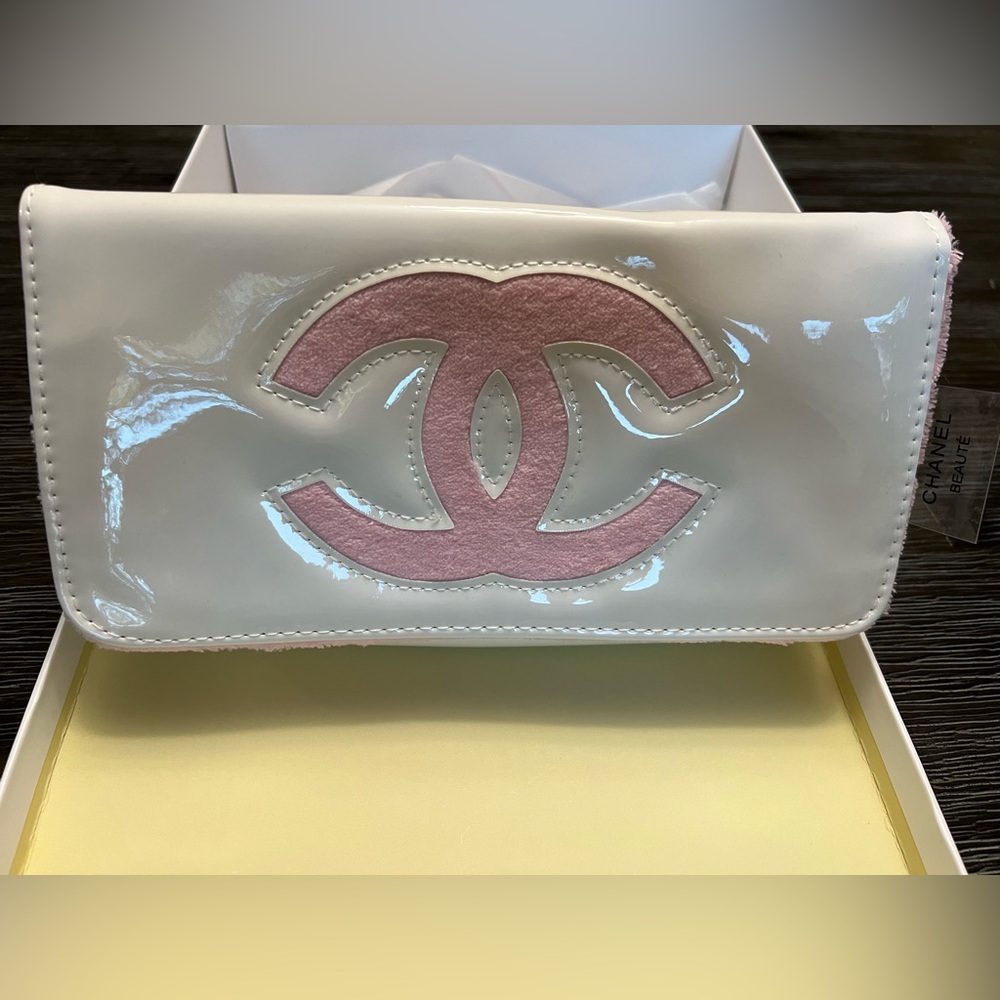CC Chanel Precision white and pink Beauty makeup bag clutch handbag